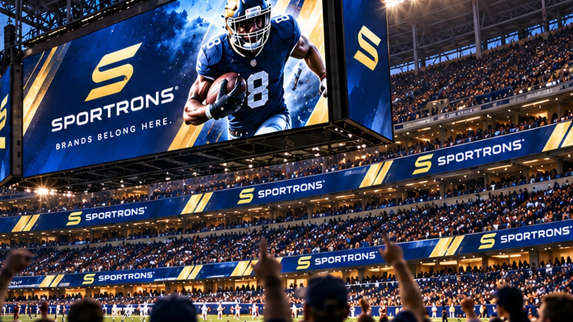 Stadium video board displaying a Sportrons advertisement above a packed seating bowl