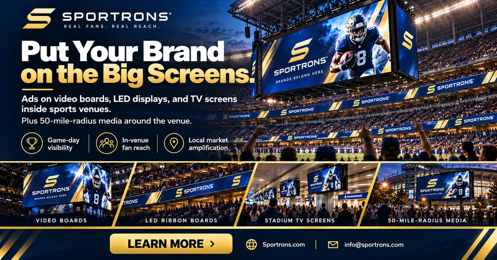 Sportrons in-venue advertising across video boards, LED ribbon boards, stadium TV screens, and optional 50-mile-radius media